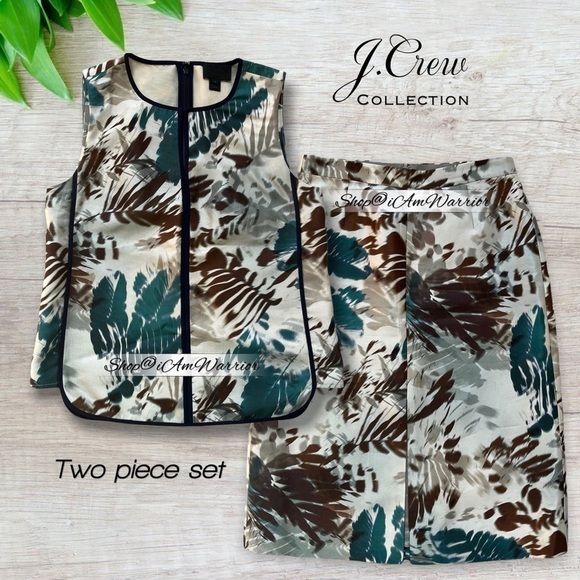 J.Crew Collection rare 2pc silk blend abstract foliage print top+midi skirt - Picture 7 of 16